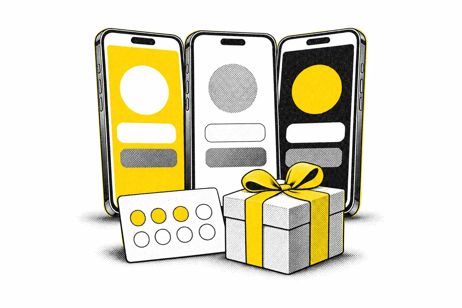 HappyFid 2, a white-label React Native mobile app — illustration